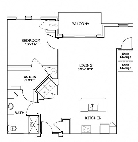 Floor plan for 1 bed, 1 bath, 953 sqft